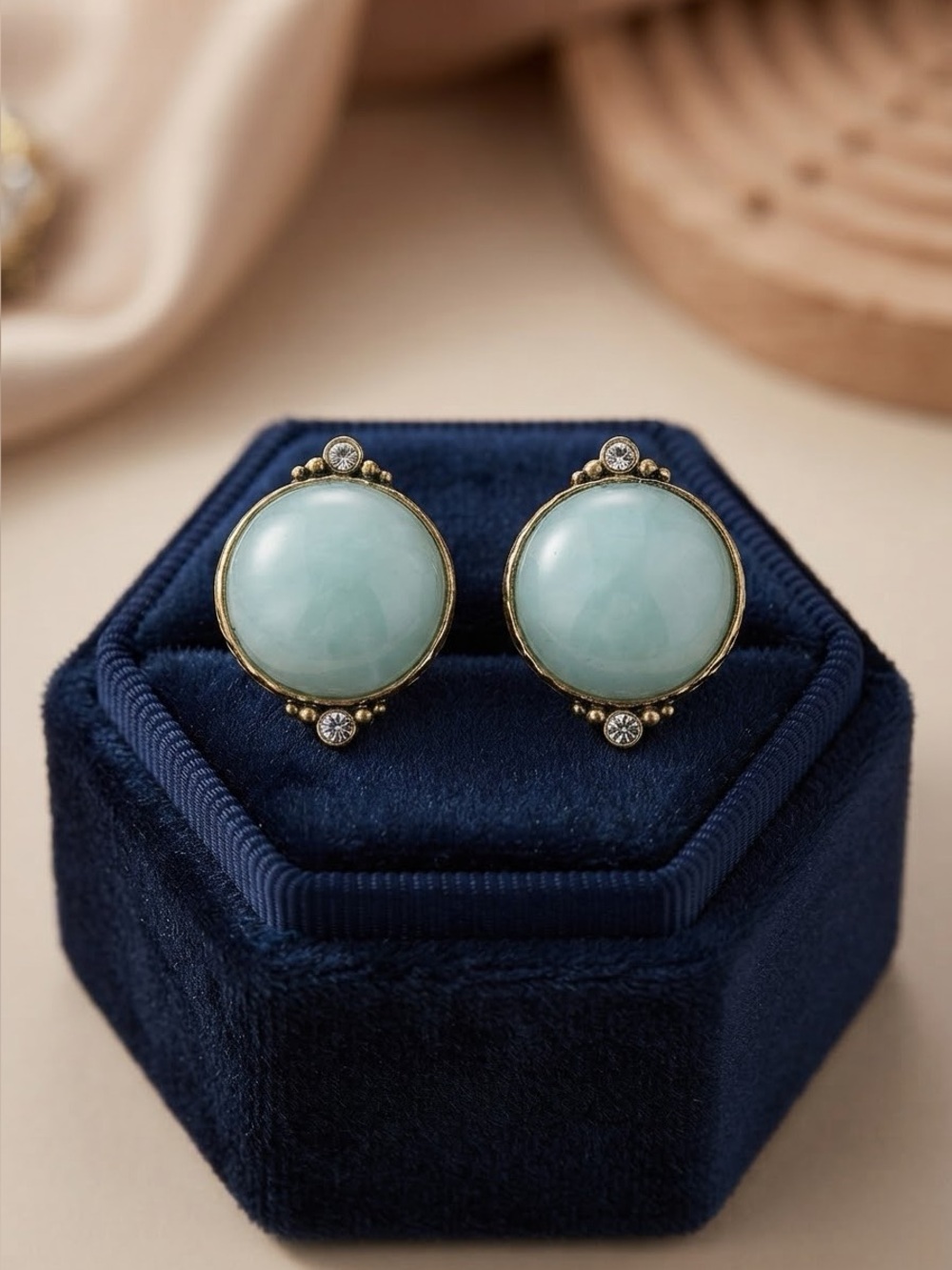 Vintage Blue Green Cabochon Stud Earrings | Gold-Tone Brass Crystal Accent Retro